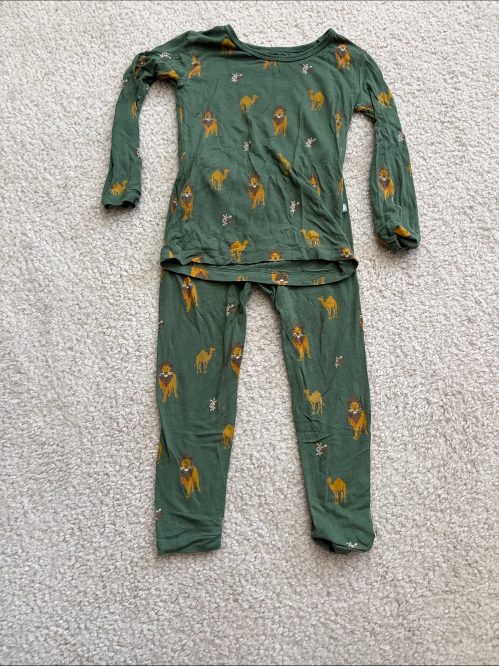 Kyte BABY Green Pajama Set with Mustard Lion & Camel Print